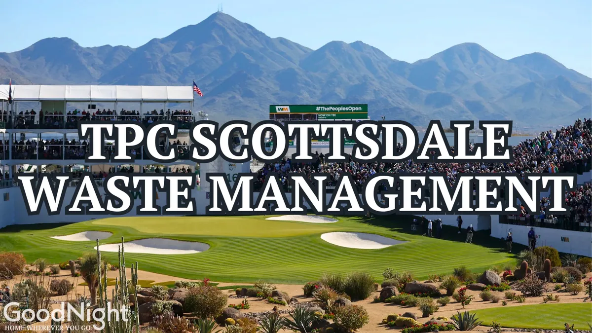 A sweeping view of a professional golf course, with pristine green fairways, spectator stands, and a dramatic mountain backdrop. The scene is lively with spectators and tournament ambiance, providing a sense of excitement and place.